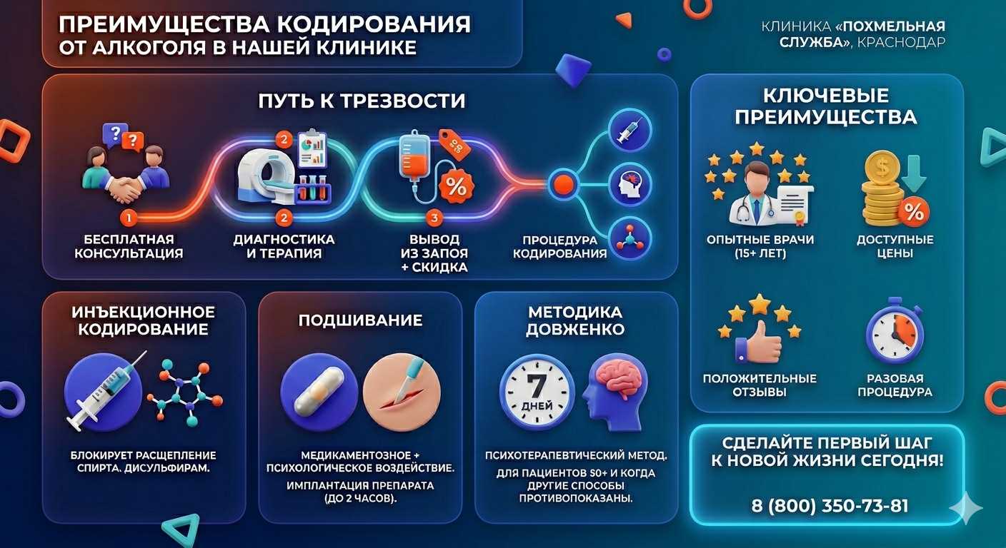 Инфографика о методах кодирования от алкоголя в Шагонаре: инъекции, подшивание, метод Довженко. Преимущества клиники и этапы лечения.